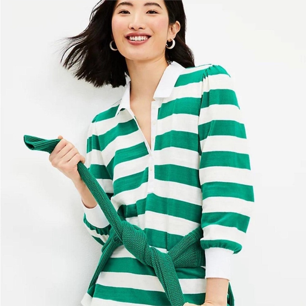 Ann Taylor LOFT | Women’s Green/White Striped 3/4 Puff Sleeve Rugby Top Size M
